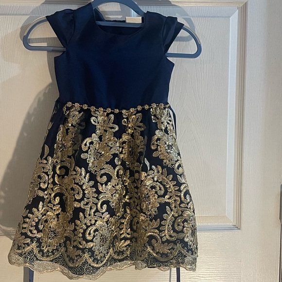 Rare Editions Other - Rare Editions Navy Dress with Gold Lace Overlay